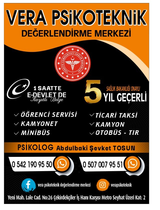 Vera Psikoteknik’in iletişim ve merkez bilgilerini içeren turuncu ve siyah tanıtım afişi